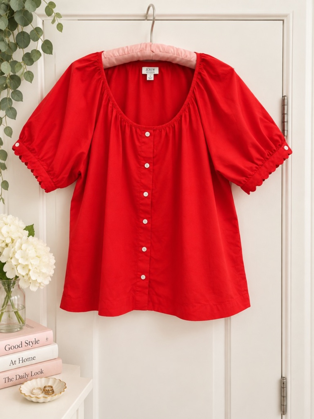 J.Crew Red Regenerative Cotton Blend Puff Sleeve Blouse Size Large